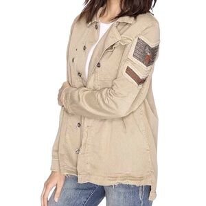 Free People Medium Brown Bead Embellished Military Shirt Jacket Factory Distress